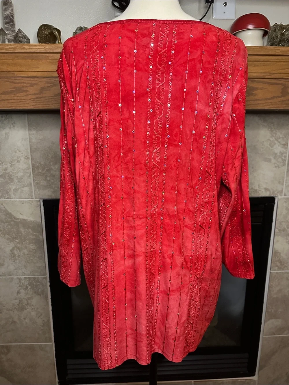 Boho Y2K Red Embellished Top Sequin Embroidery Tie Dye Pattern Dressbarn 1X